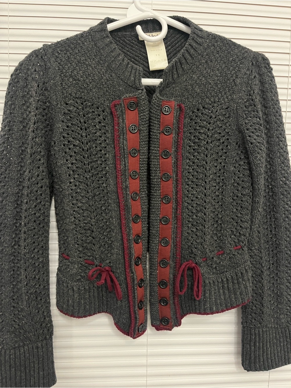 Charcoal Knit Button-Front Sweater with Burgundy Trim